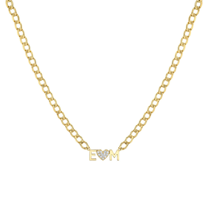 Diamond Heart Curb Chain Letter Necklace